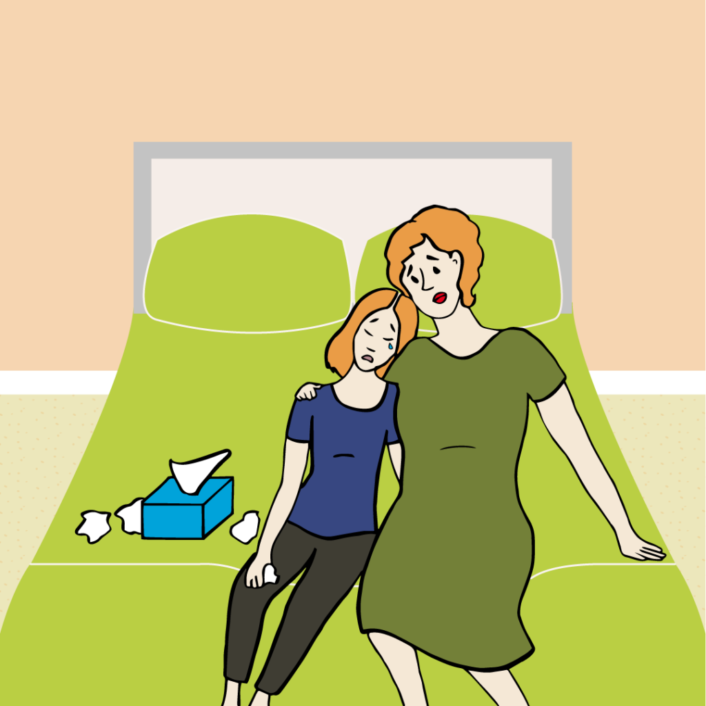 Cartoon illustration of mother with distraught daughter