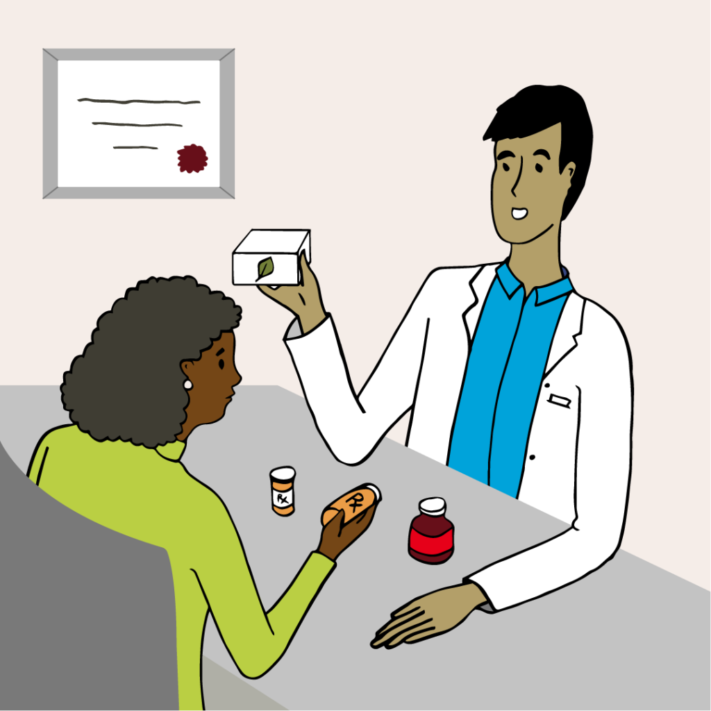 Cartoon illustration of pharmacist with patient